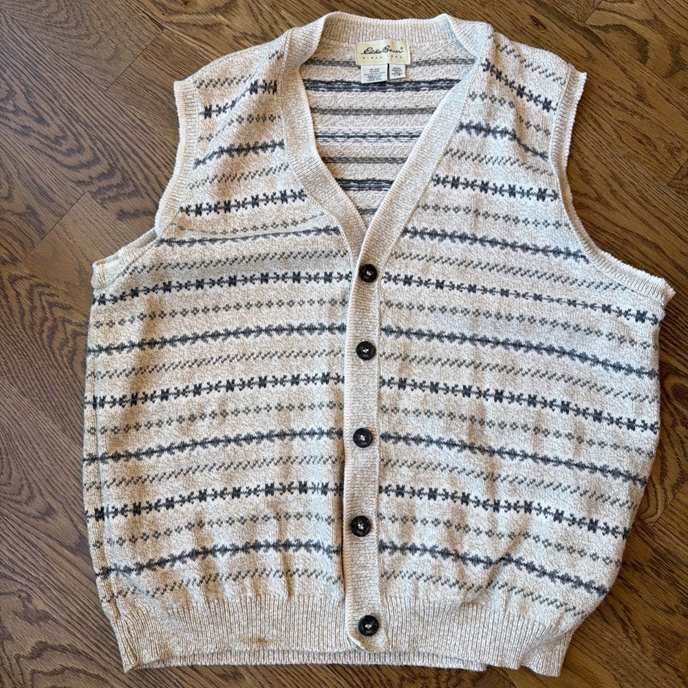 Vintage Eddie Bauer Sweater Vest Mens L Beige Gray Fair Isle Knit Made USA 90s